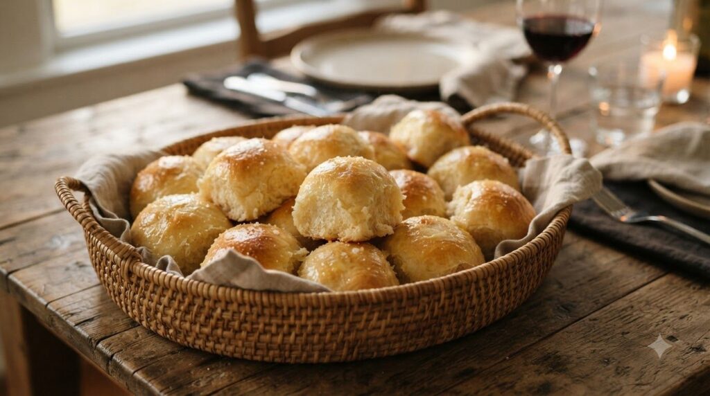 A basket filled with golden-brown soft dinner rolls lightly brushed with butter with steam gently rising set on a dining