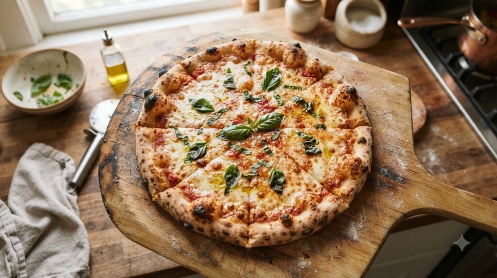 A perfectly round thin-crust pizza freshly baked with melted cheese vibrant red sauce and basil leaves on a wooden peel 