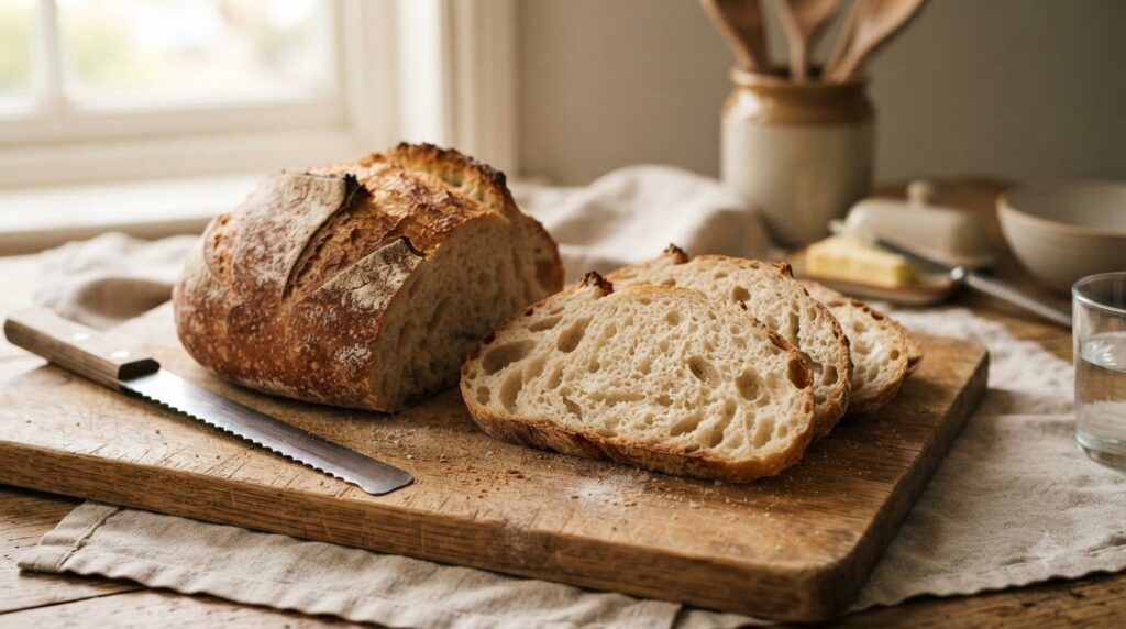 A rustic loaf of freshly baked white bread with a golden-brown crust sliced to reveal a soft airy interior on a wooden c