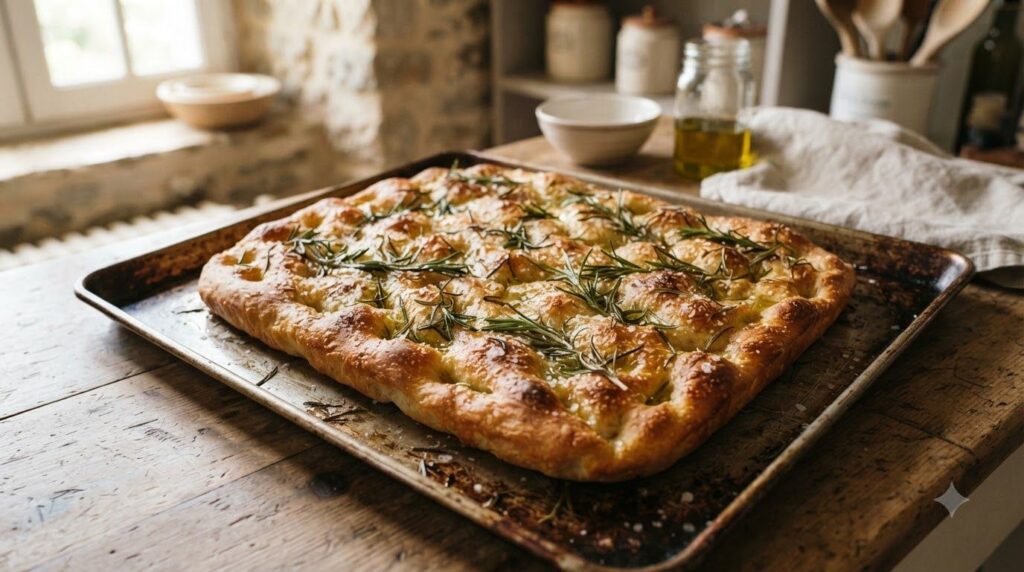 A rustic focaccia bread golden brown and dimpled topped with fresh rosemary and coarse sea salt on a baking sheet with o
