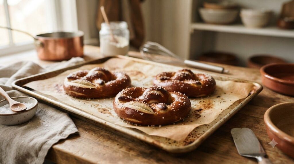 Several golden-brown soft pretzels twisted into their classic shape sprinkled with coarse salt on a parchment-lined baki