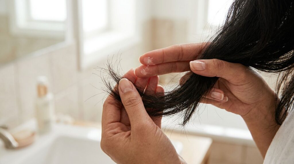 A woman s hands gently applying a small amount of clear Vaseline to the ends of her dry hair