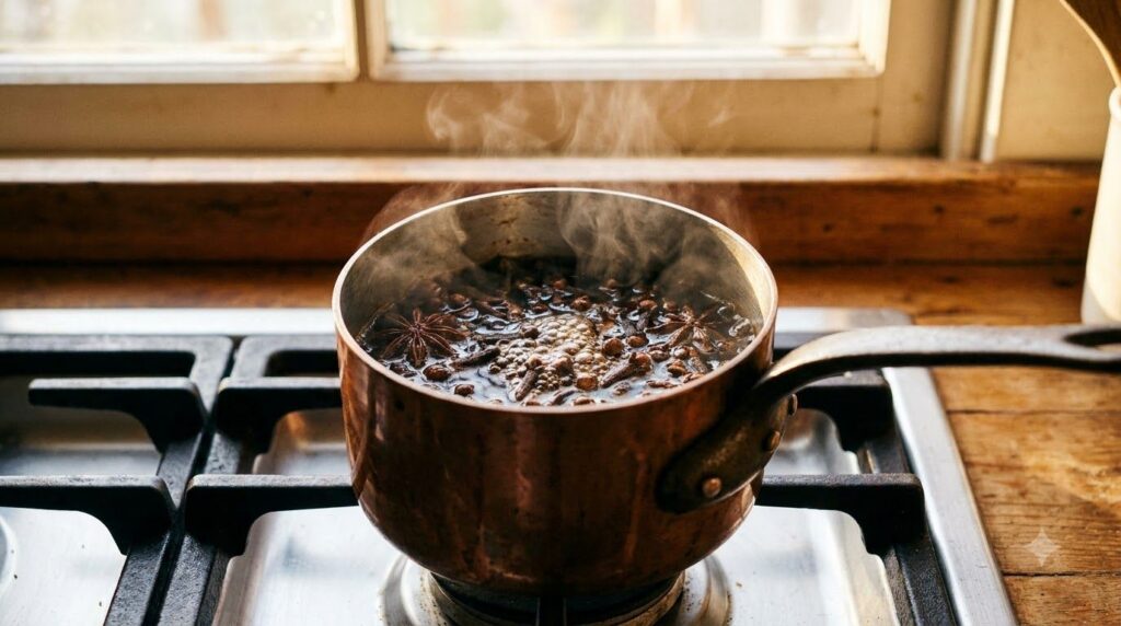 A close-up shot of whole cloves simmering in a small saucepan on a stovetop with steam gently rising depicting the proce