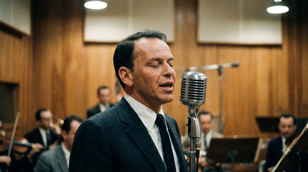 A classic album cover featuring Frank Sinatra in a suit singing into a microphone