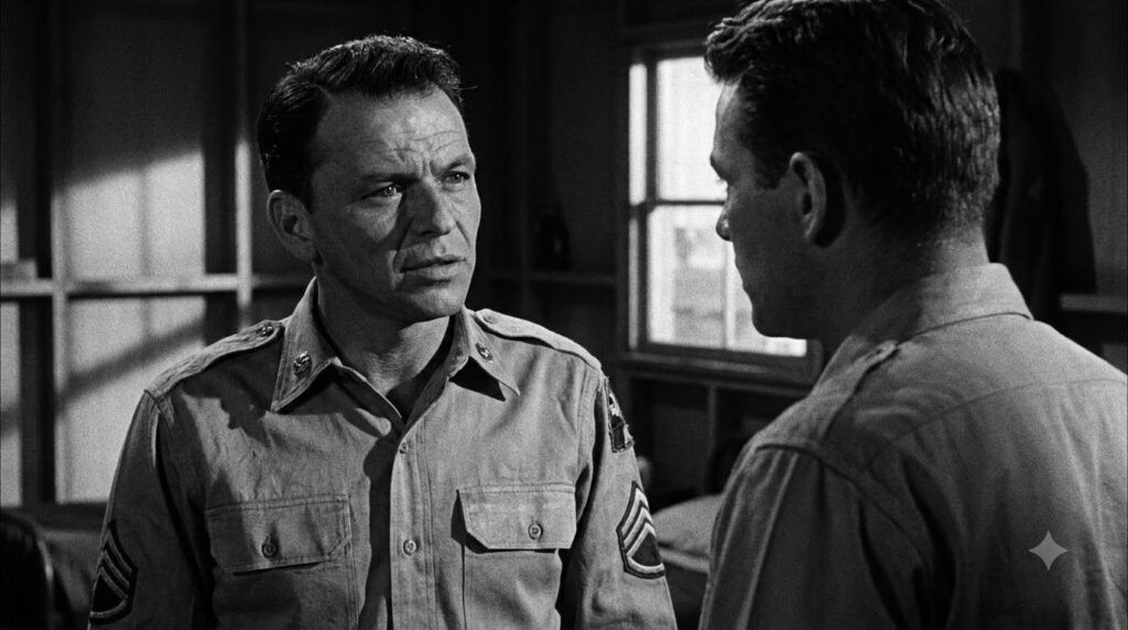 Frank Sinatra in a scene from a classic Hollywood movie wearing a military uniform