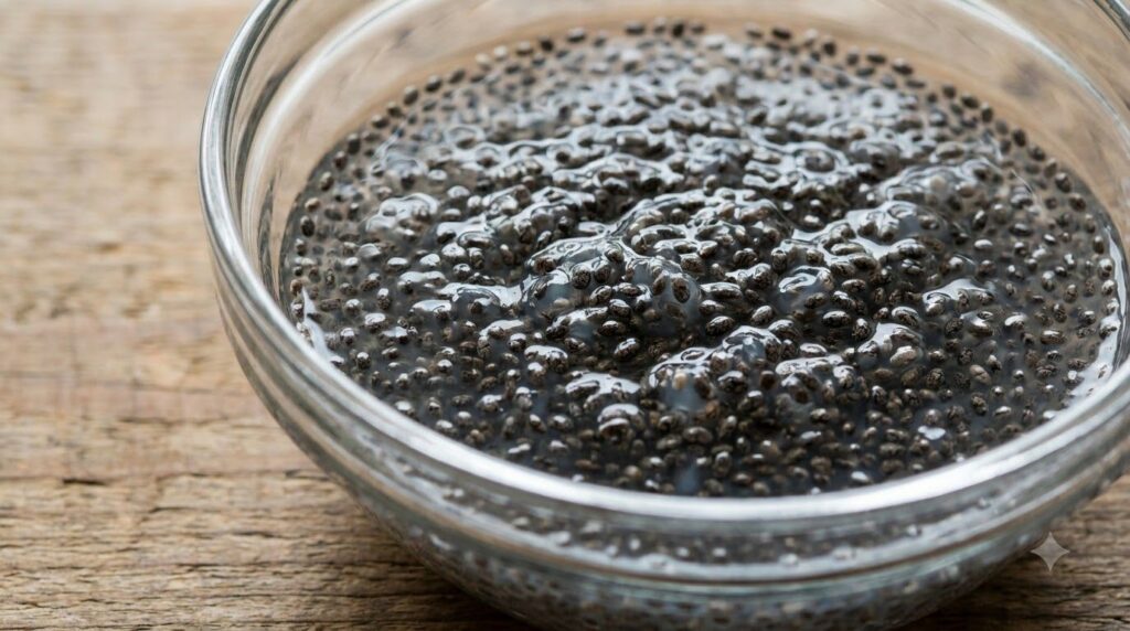 A close-up shot of chia seeds soaking in liquid showing their gelatinous texture emphasizing their hydrating properties