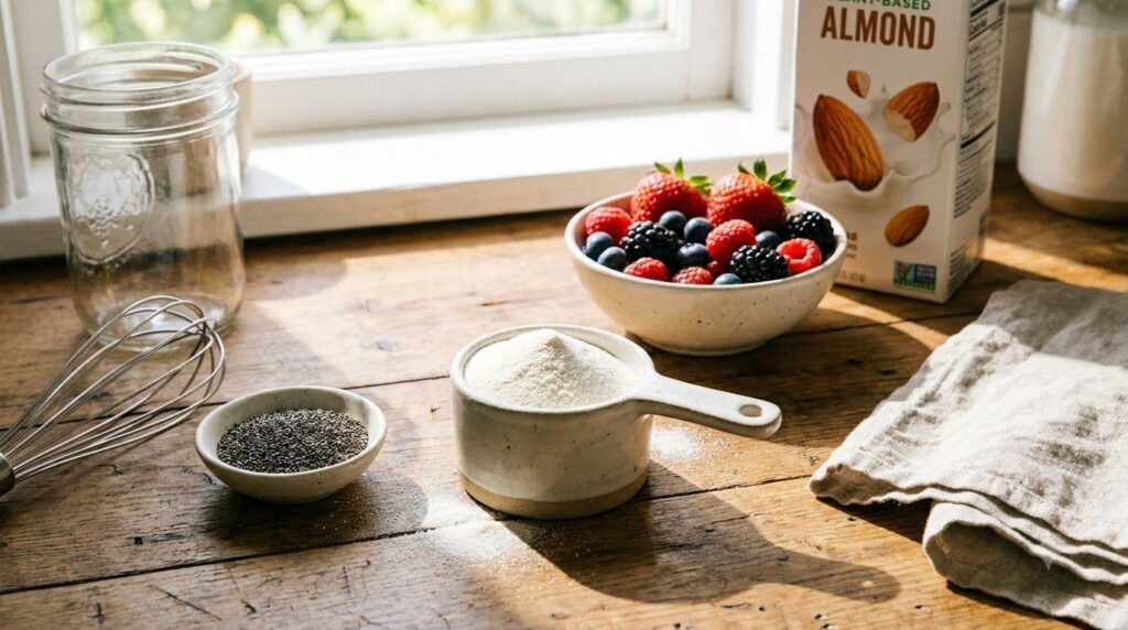 Ingredients for the collagen glow drink laid out on a kitchen counter collagen powder chia seeds fresh berries and a gla