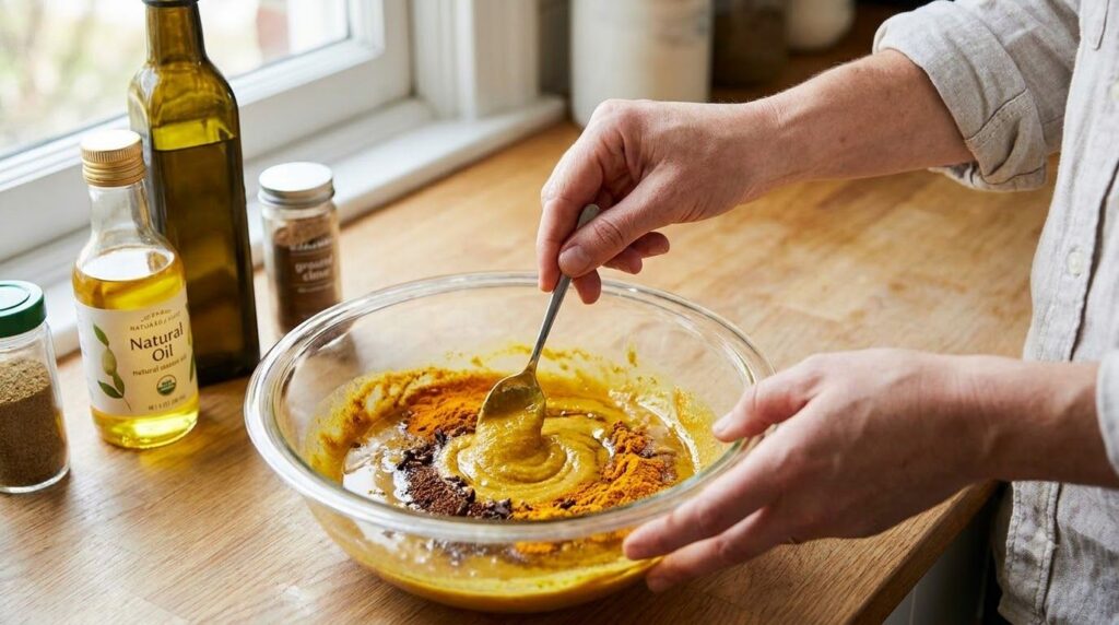 A person s hands mixing ground clove turmeric powder and baby oil in a small glass bowl with a spoon creating a smooth y