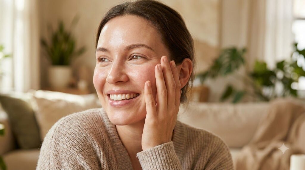 A woman gently touching her cheek smiling with visibly radiant smooth-looking skin suggesting a youthful and healthy glo