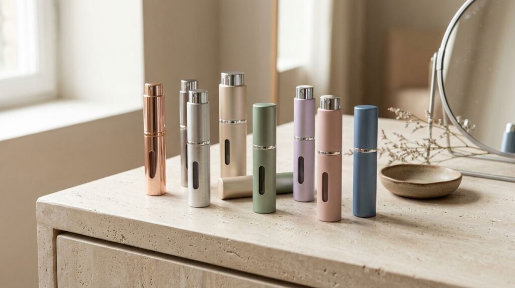 A sleek minimalist collection of various travel perfume atomizers in different colors and materials artfully arranged on