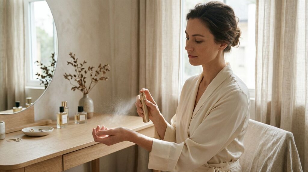 A woman elegantly spraying perfume from a small travel atomizer onto her neck or wrist in a bright modern setting