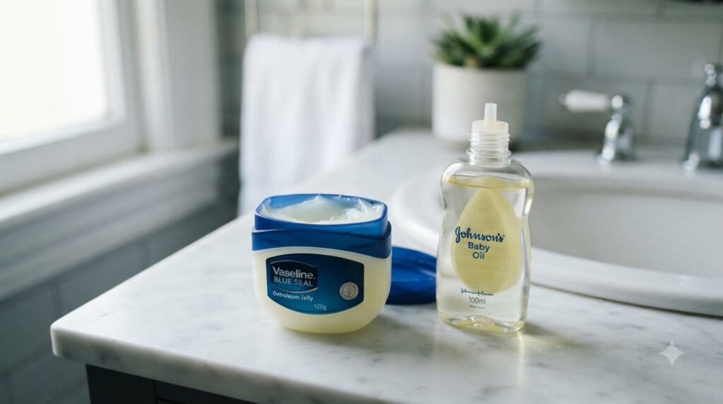 Close-up of Vaseline and a bottle of baby oil on a clean surface ready for use