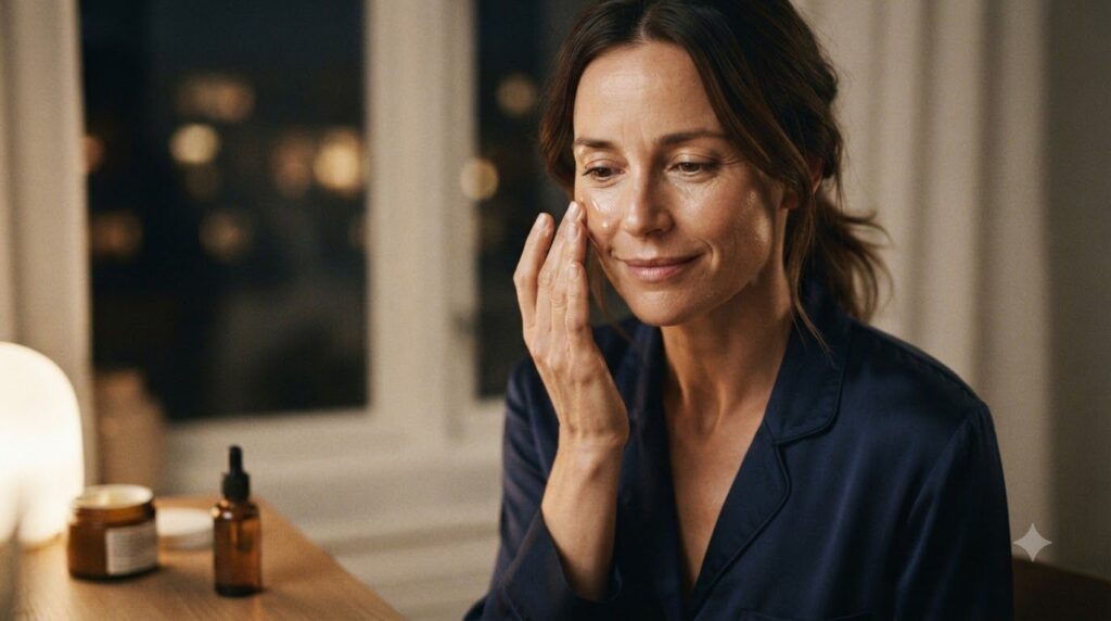 A woman gently applying a thin layer of product to her face showcasing a nighttime skincare step