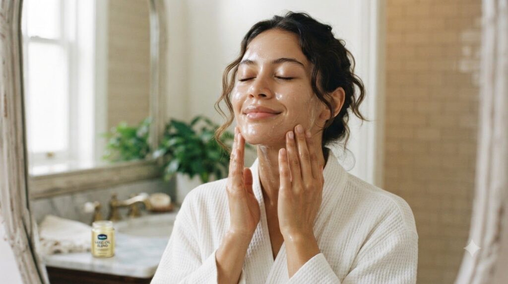 A woman gently massaging the Vaseline and oil blend onto her face and neck with her fingertips in a soft natural light b
