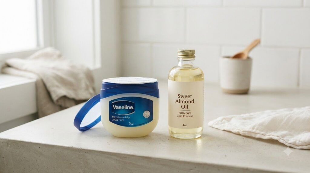 An assortment of Vaseline petroleum jelly and a bottle of sweet almond oil on a clean light surface highlighting the two