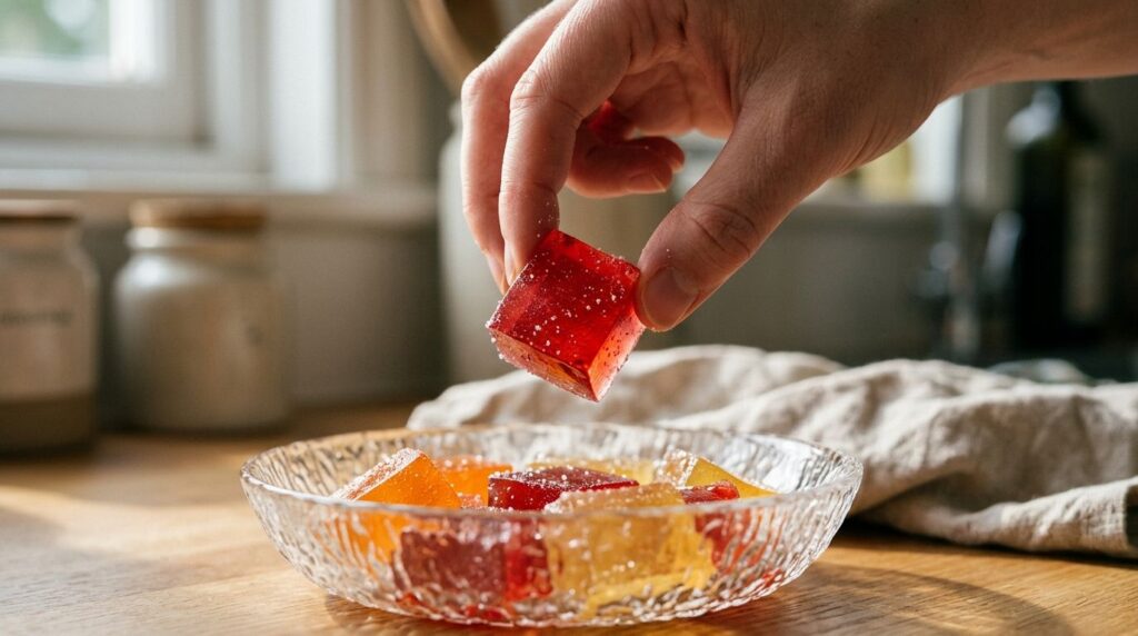 A hand reaching for a piece of gelatin sweet from a glass dish showing the texture and vibrancy of the homemade treat