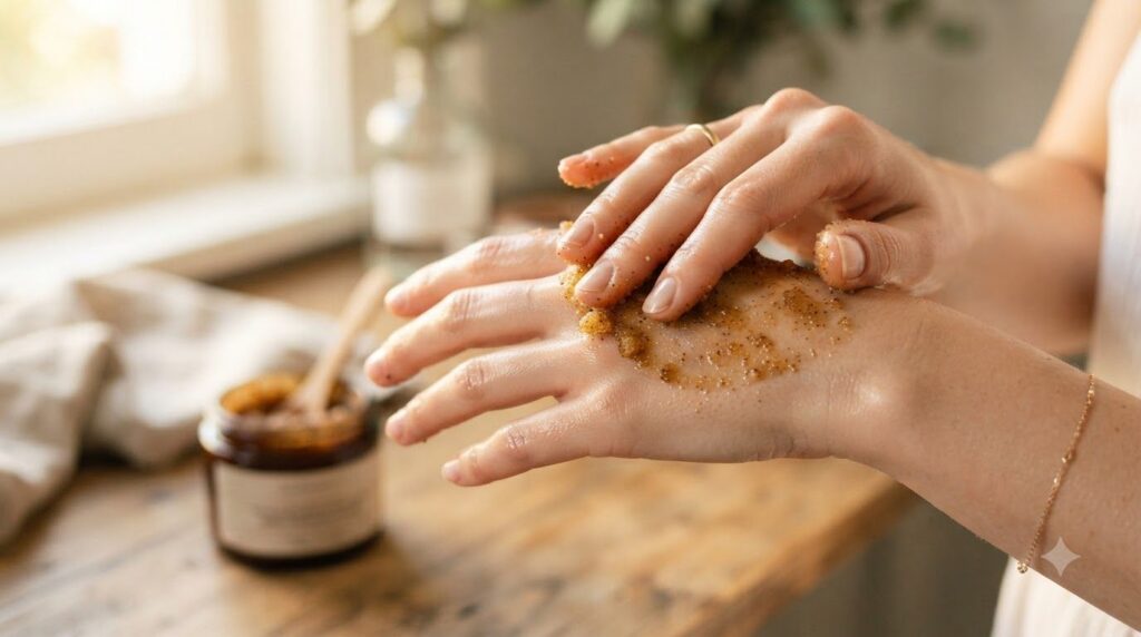 A woman gently massaging a natural scrub into her hands showcasing a close-up of soft-looking skin after treatment