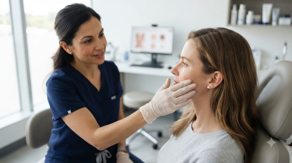 A dermatologist s hand gently touching a patient s cheek showing a consultation about skin concerns emphasizing professi