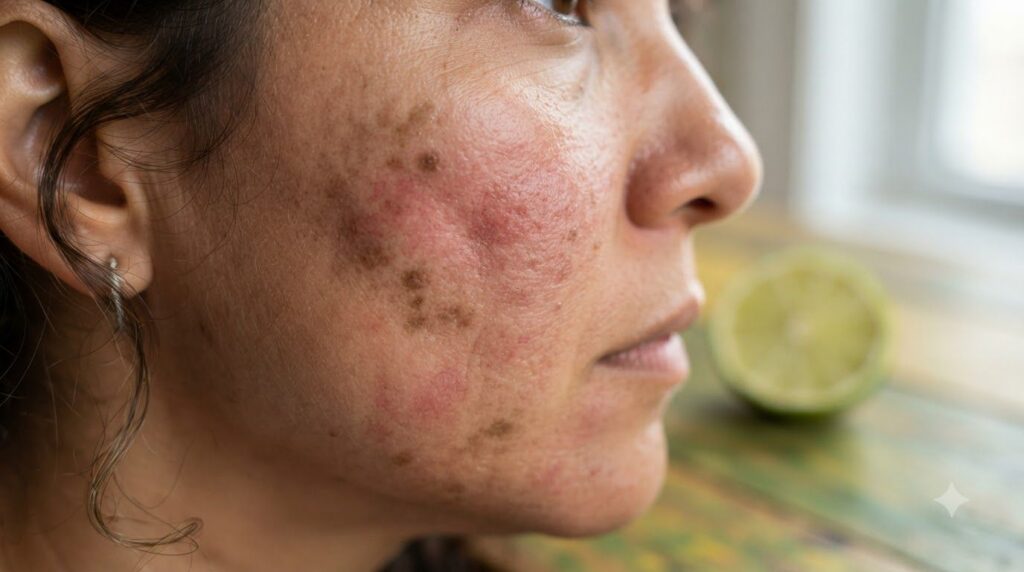 Close-up of skin showing irritation redness and dark spots symbolizing the adverse effects of improper DIY remedies A li
