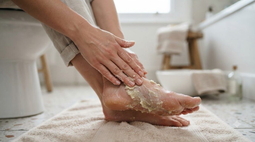 A person s hands and feet covered in the homemade toothpaste and potato scrub gently massaging it into the skin The back