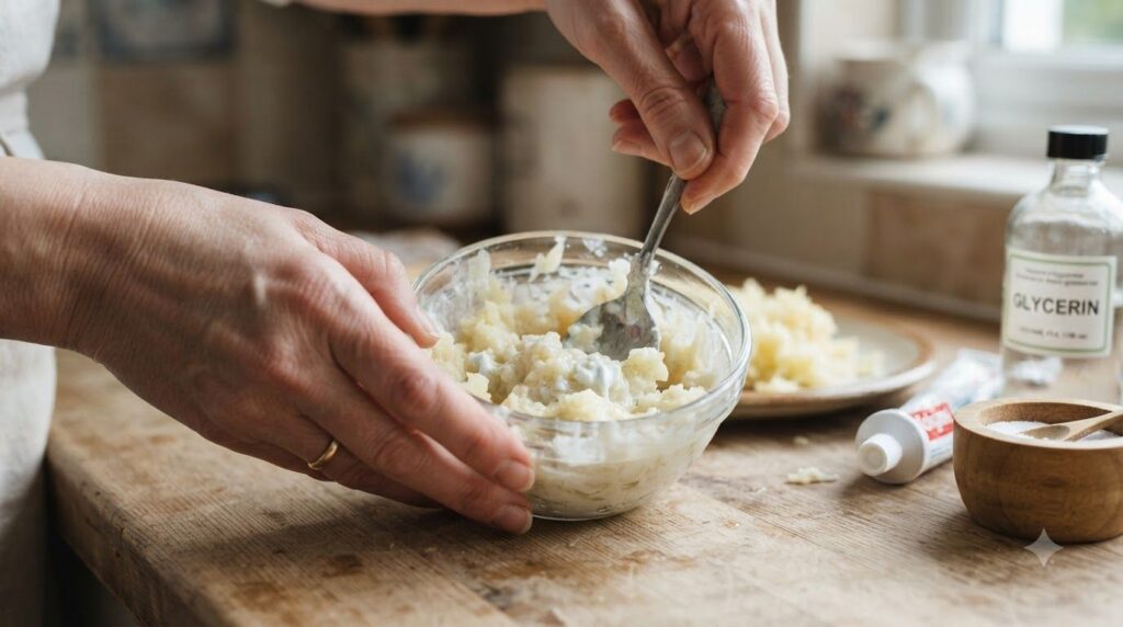 A close-up of a person mixing the grated potato toothpaste salt and glycerin in a small glass bowl with a spoon forming 