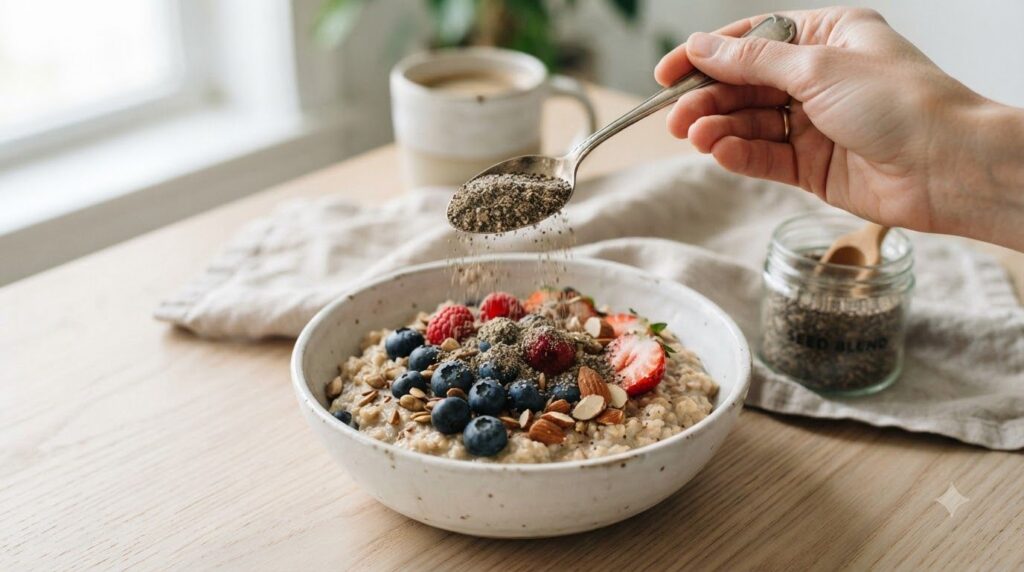 A hand adding a spoonful of the seed blend powder to a breakfast bowl of oatmeal with berries