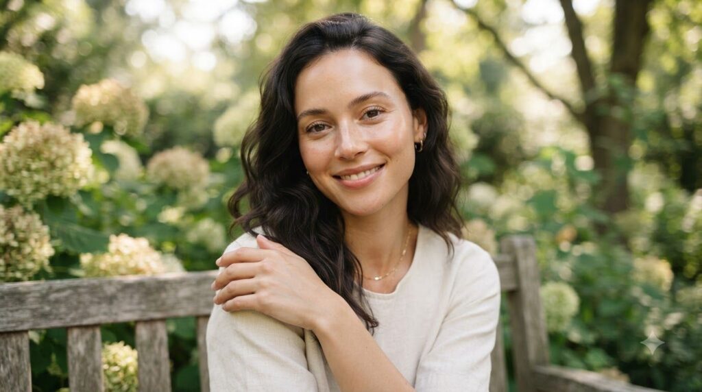 A woman with clear naturally glowing skin smiling subtly suggesting a healthy complexion achieved through natural remedi