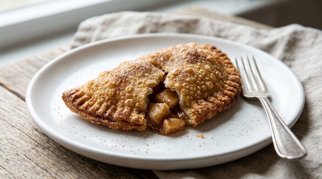 A golden-brown crispy apple fry pie showing some apple filling peeking out on a white plate with a fork and a light dust