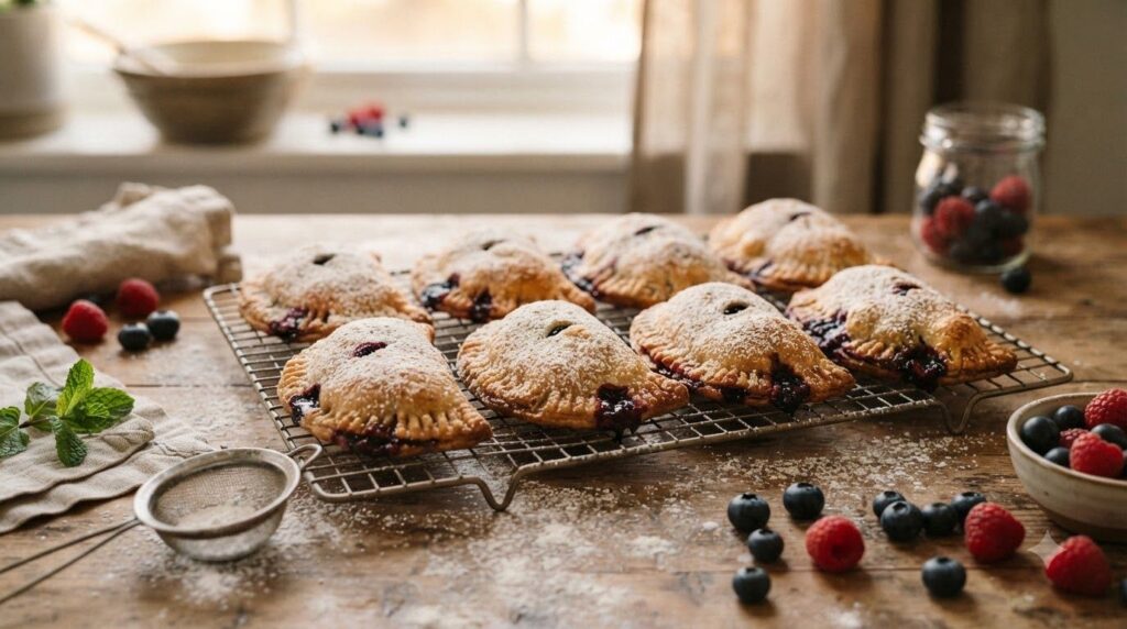A collection of golden-brown mixed berry fry pies lightly dusted with powdered sugar arranged on a cooling rack with fre