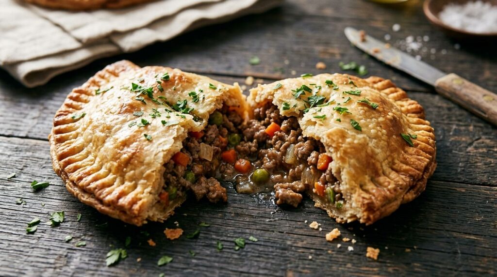A golden-brown savory beef fry pie with a slight opening revealing a rich seasoned ground beef and vegetable filling gar