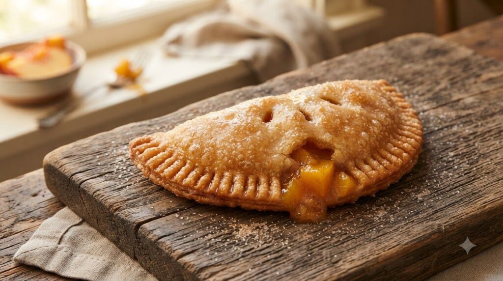 A perfectly golden-brown peach fry pie with a rustic crimped edge and a light golden glaze showcasing warm peach filling