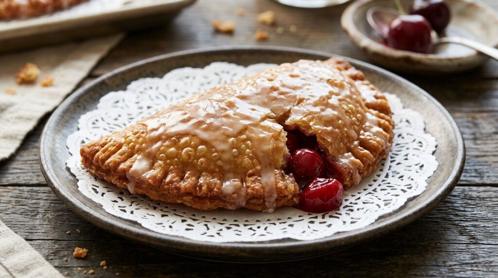 A vibrant golden-brown cherry fry pie with a sweet glaze showing glimpses of bright red cherry filling on a delicate whi