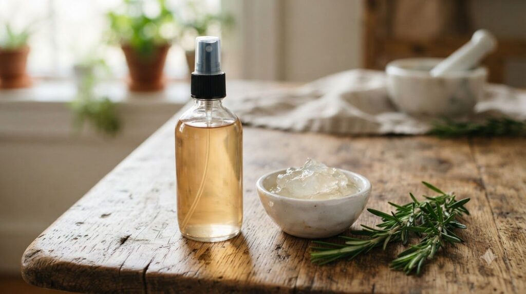 A clear spray bottle filled with a light amber homemade liquid surrounded by fresh aloe vera gel in a small bowl and ros