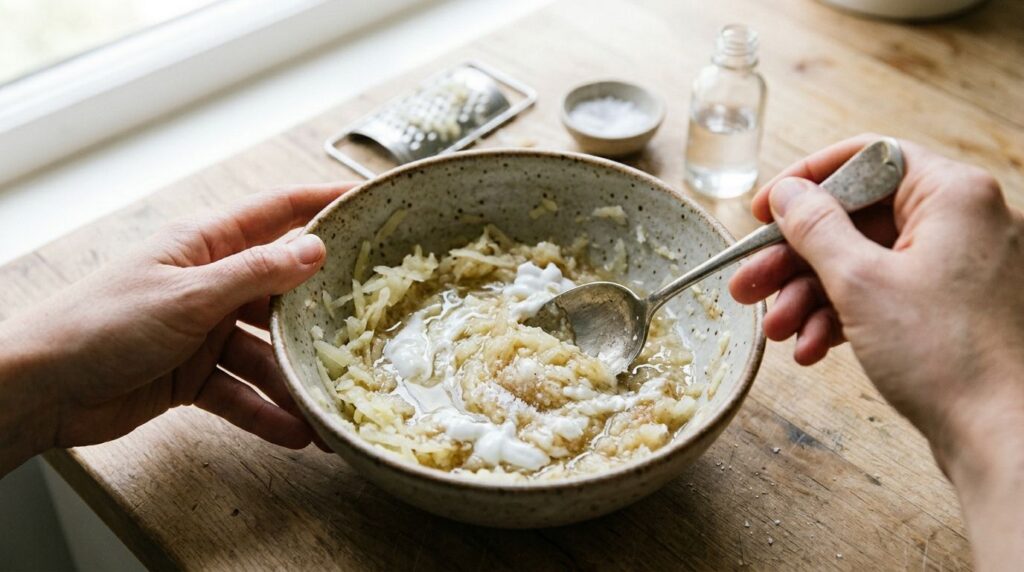 A close-up shot of hands mixing grated potato toothpaste salt and glycerin in a bowl with a spoon forming a paste