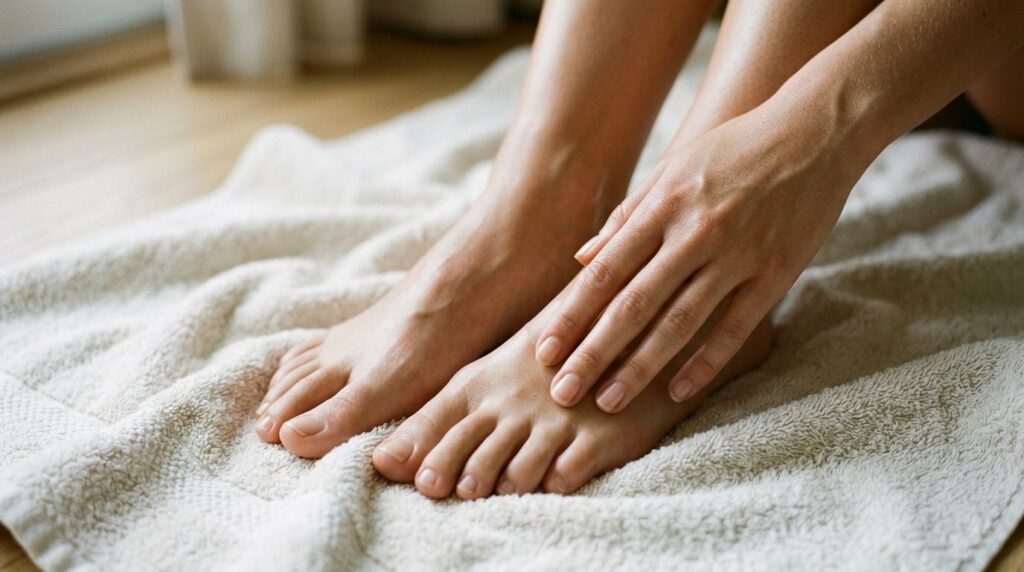 A woman s hands and feet visibly smooth and moisturized resting comfortably on a soft towel after applying a beauty reme