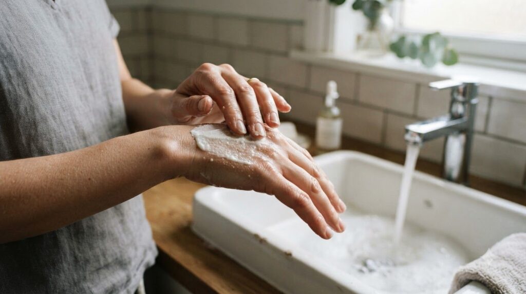 A person gently massaging a white grainy paste onto their hand or foot over a sink with soft natural lighting