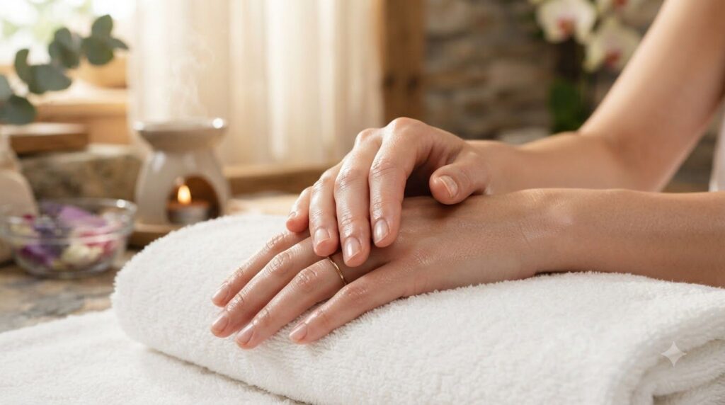A close-up of a person s soft moisturized hands perhaps resting gently on a soft towel conveying comfort and care