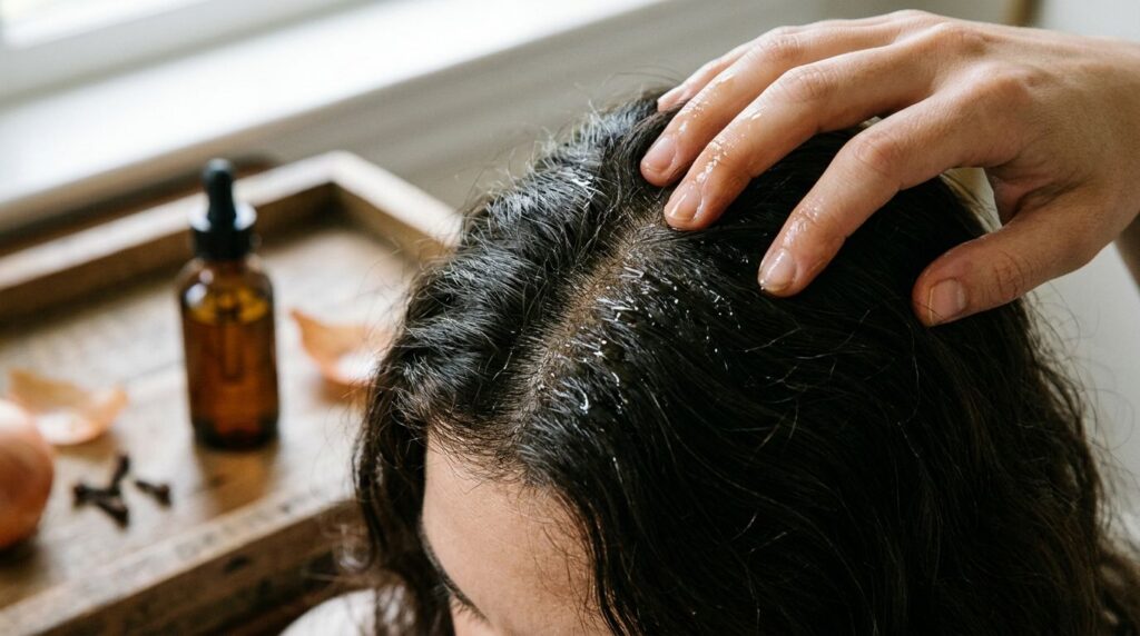 Close-up shot of a hand gently massaging the homemade onion and clove hair oil into a scalp and hair roots