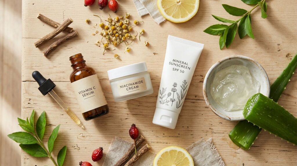 An array of skincare products and natural ingredients known to be safe and effective for treating dark spots such as a b