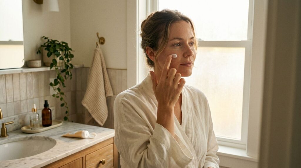 A woman applying a small amount of sunscreen to her face in natural daylight highlighting the importance of sun protecti