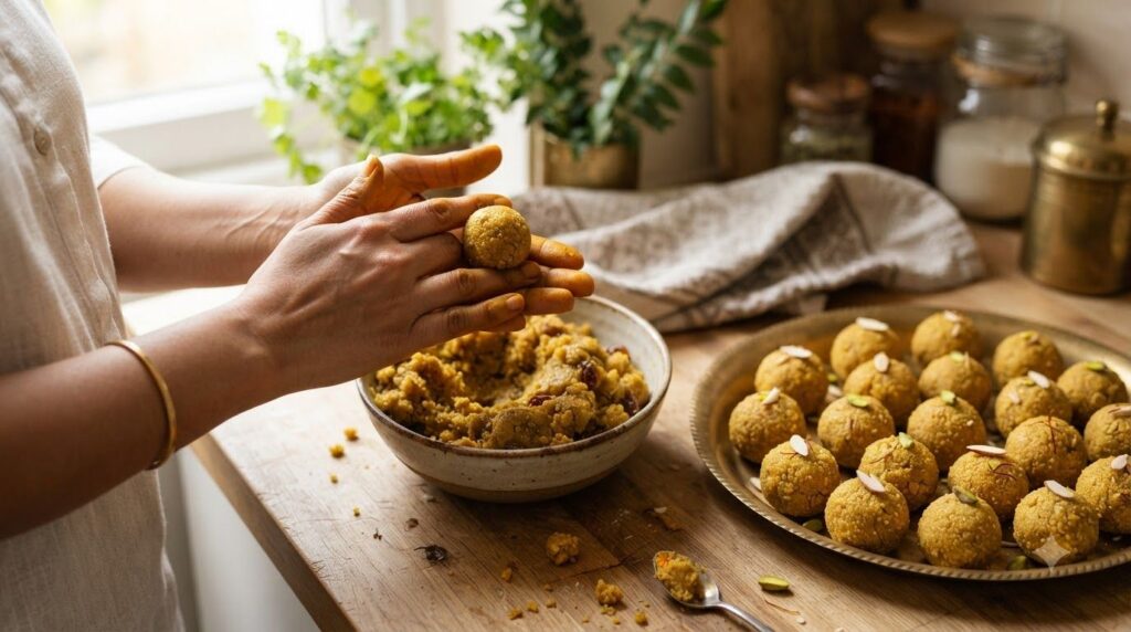 Hands rolling a Laddu mixture into small perfect spheres on a clean kitchen counter with other prepared Laddus visible i