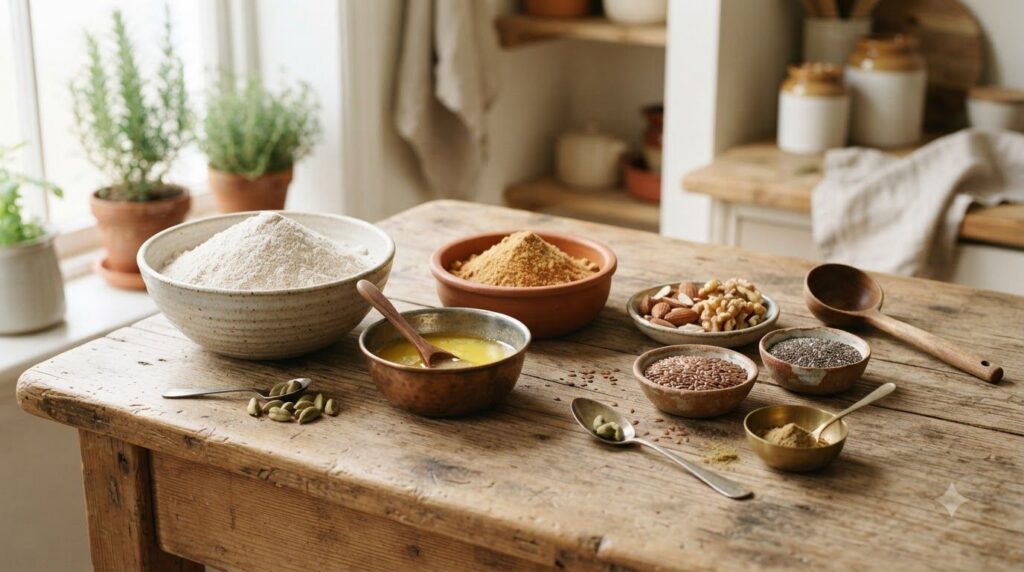 Various Laddu ingredients laid out on a rustic wooden table whole wheat flour a bowl of golden ghee jaggery powder chopp