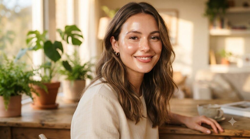 A woman s glowing youthful-looking face with smooth skin smiling gently in soft natural light possibly after using a ski