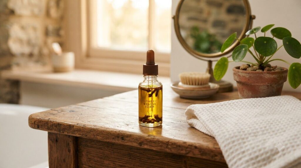 A small clear glass bottle filled with golden turmeric-infused oil and a few whole cloves placed on a wooden vanity next
