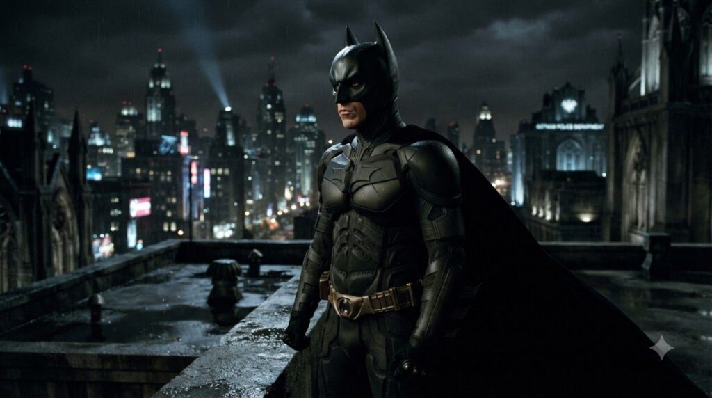Christian Bale as Batman in the Dark Knight trilogy wearing the black cowl and suit with a serious expression and Gotham