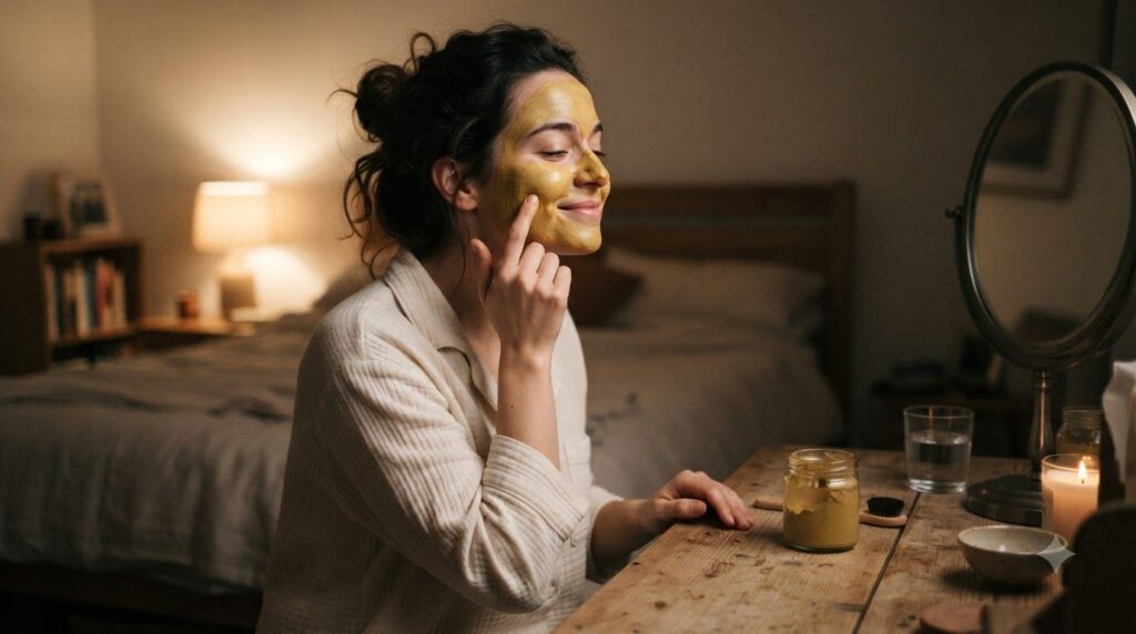 A woman gently applying a homemade yellow face mask to her clean skin at night in a soft calm bedroom setting