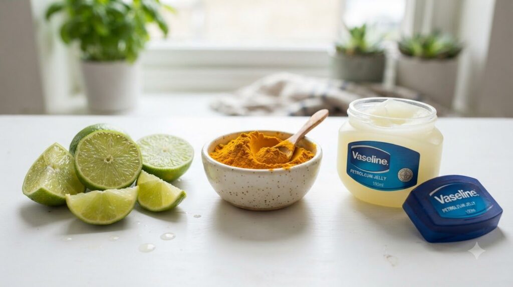 Close-up of fresh lime slices a small bowl of bright yellow turmeric powder and a jar of Vaseline on a clean surface