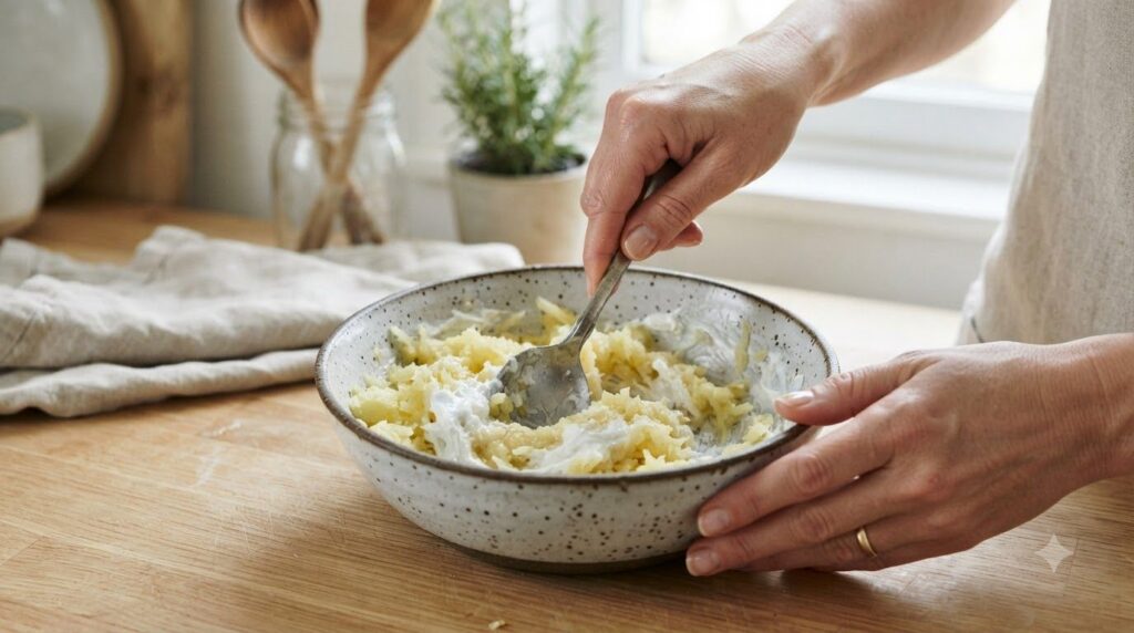 A bowl with grated potato and white toothpaste being mixed with a spoon to form a paste