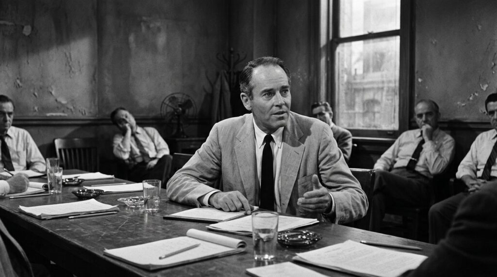 Henry Fonda as Juror 8 in 12 Angry Men sitting at a table in a deliberation room looking thoughtful or persuasive