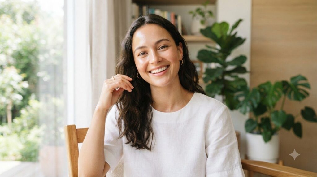 A woman smiling confidently with noticeably smoother brighter and more even-toned skin showcasing a radiant complexion